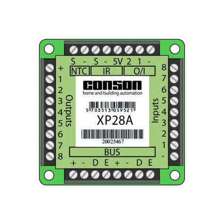 XP28 - Interface 8 entrées, 8 sorties, 2 I/O, 1 entrée température, pour télécommandes infrarouge 38kHz